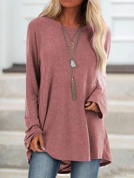 Women’s Loose Long Sleeve T-Shirt – Round Neck Casual Pullover Top women-tshirt AllTrendMart Pink S