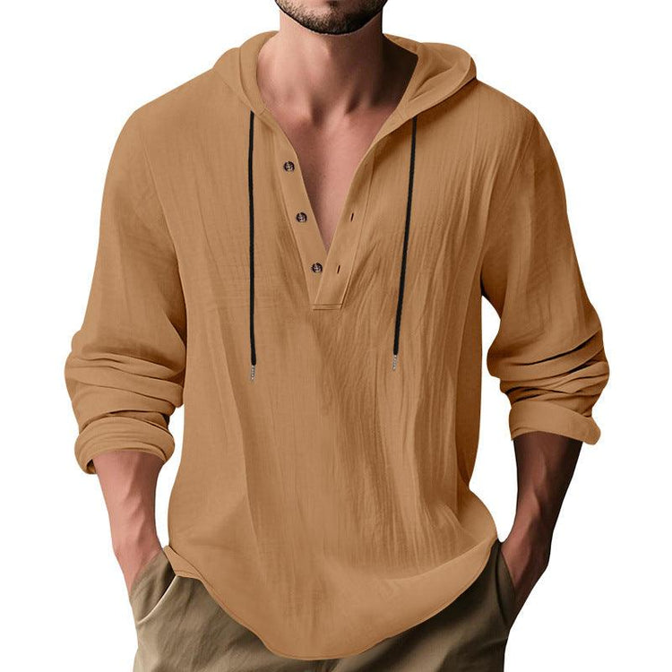 Men’s Hooded Long Sleeve T-Shirt – Lightweight Linen Casual Hoodie men-tshirt AllTrendMart Yellowish Brown S