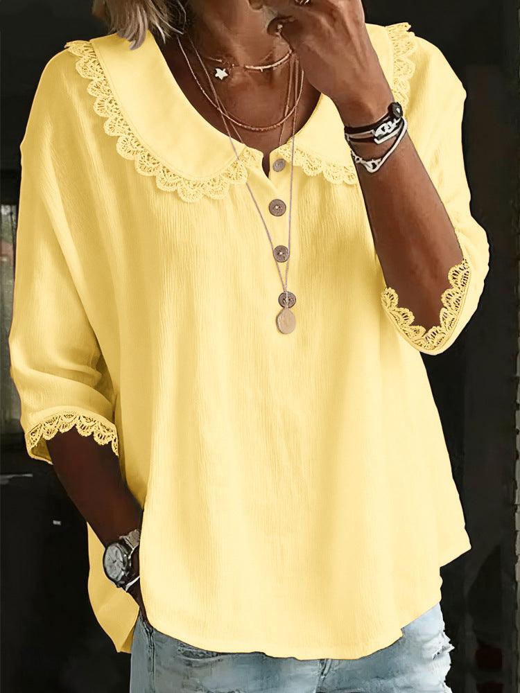 Women’s Lace Collar Button-Up T-Shirt – Casual Longline Solid Color Top women-tshirt AllTrendMart Yellow S