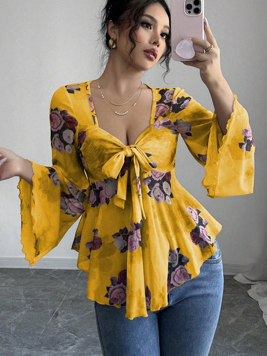 Women’s Floral Lace-Up Square Neck T-Shirt – Long Sleeve Casual Top women-tshirt AllTrendMart Yellow S
