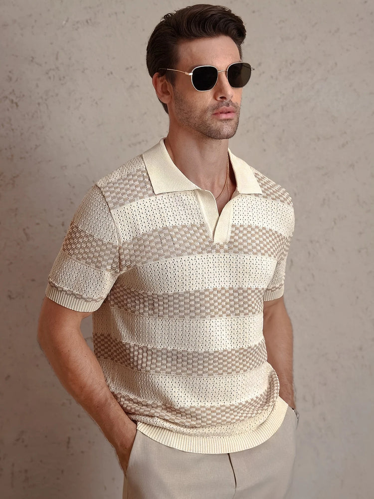 Men’s Knit Polo T-Shirt – Contrast Color Short Sleeve Casual Top men-tshirt AllTrendMart Beige S