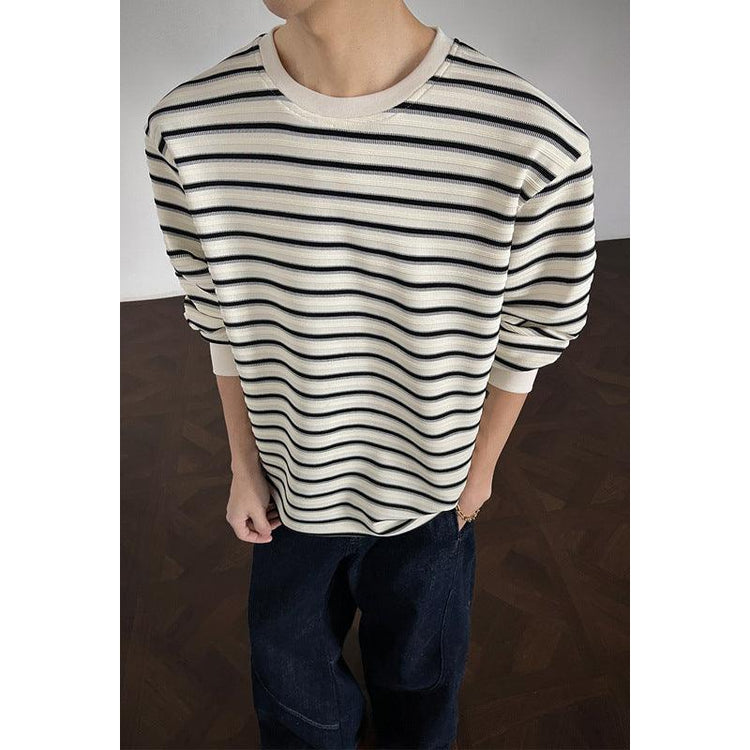Men’s Striped Loose Fit Long Sleeve T-Shirt – Casual Streetwear Tee men-tshirt AllTrendMart White M
