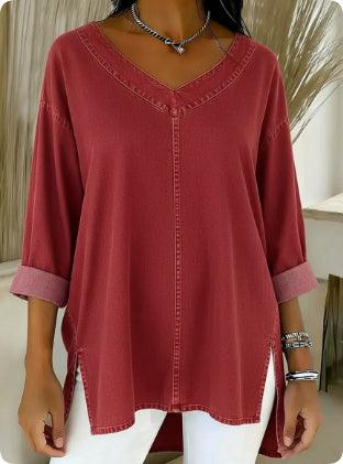 Women’s Denim-Look V-Neck Long Sleeve T-Shirt – Casual Soft Top women-tshirt AllTrendMart Red S