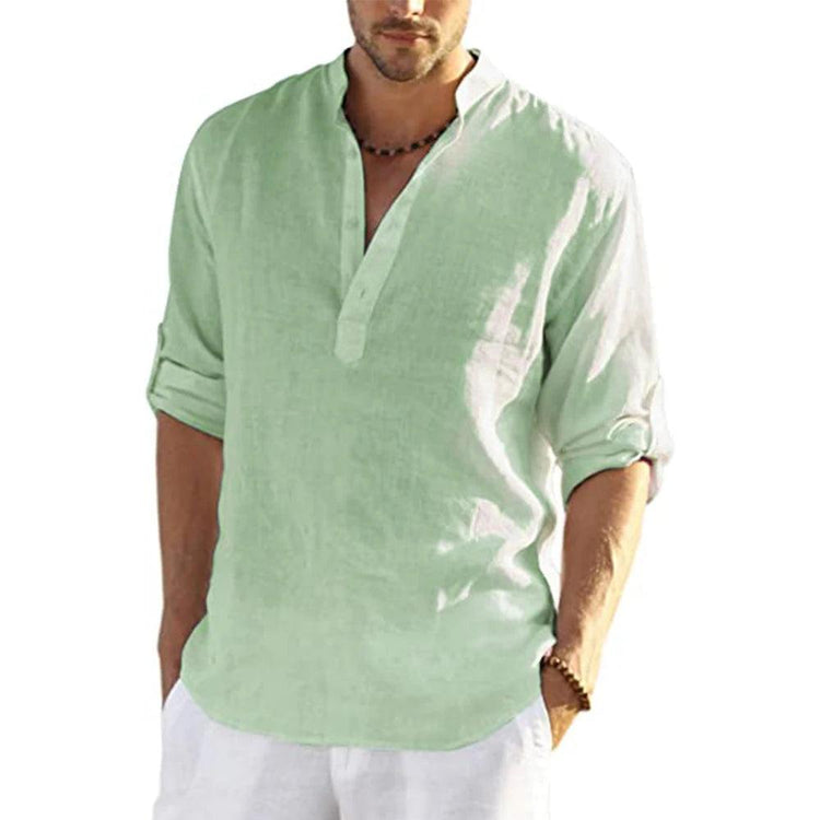 Men’s Cotton Linen T-Shirt – Casual Loose Long Sleeve Stand Collar Top men-tshirt AllTrendMart Green US S 50-60 KG