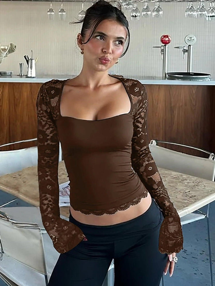 Women’s Sheer Lace Floral Crop T-Shirt – Square Neck Long Sleeve Party Top women-tshirt AllTrendMart Brown XXL