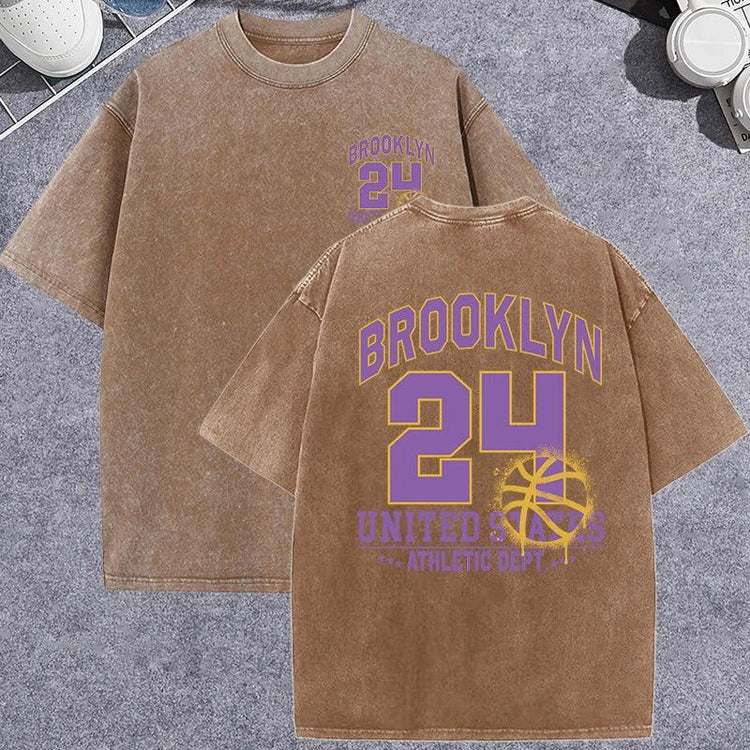 Unisex Vintage Washed T-Shirt – Brooklyn 24 Graphic Cotton Loose Fit Tee unisex-tshirt AllTrendMart Brown XS