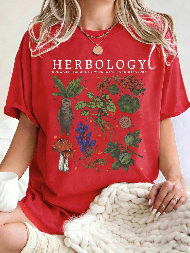 Women’s Herbology Graphic Cotton T-Shirt – Vintage Botanical Casual Tee women-tshirt AllTrendMart Red S
