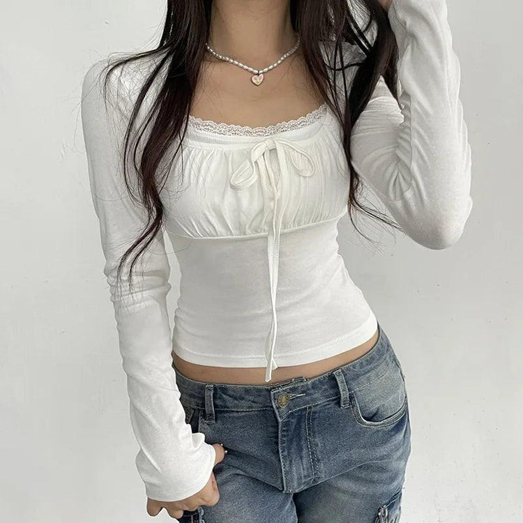 Women’s Square Neck Crop Top – Y2K Fairycore Long Sleeve Slim Fit Tee women-tshirt AllTrendMart