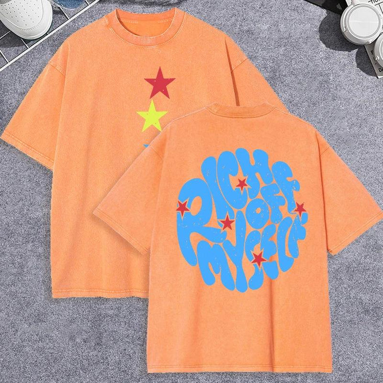 Unisex Vintage Washed T-Shirt – “Rich Off Myself” Graphic Cotton Loose Fit Tee unisex-tshirt AllTrendMart Orange XS