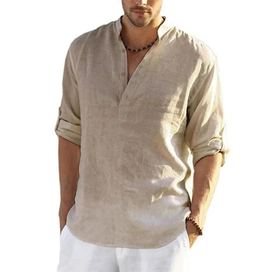 Men’s Cotton Linen T-Shirt – Casual Loose Long Sleeve Stand Collar Top men-tshirt AllTrendMart