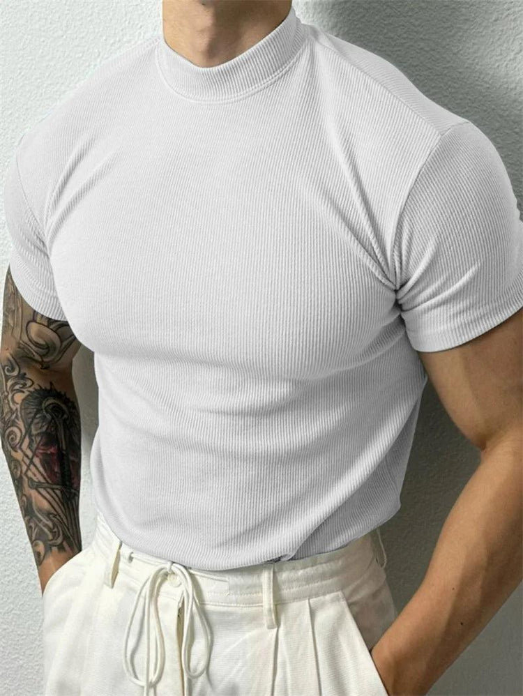 Men’s Striped Short Sleeve T-Shirt – High Collar Casual Fitness Top men-tshirt AllTrendMart White S