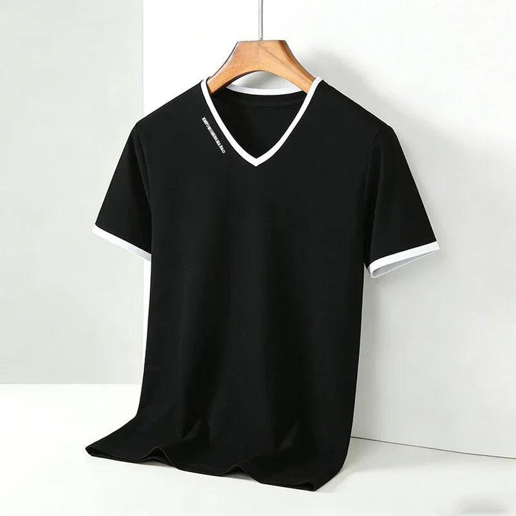 Men’s V-Neck Contrast Trim T-Shirt – Slim Fit Casual Summer Tee men-tshirt AllTrendMart Black M