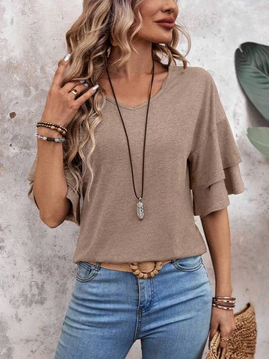 Women’s V-Neck Ruffle Sleeve T-Shirt – Loose Fit Casual Mid Sleeve Top women-tshirt AllTrendMart