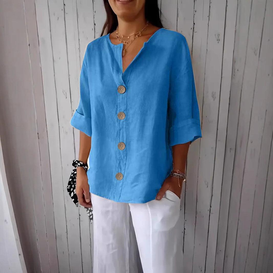 Women’s V-Neck Button T-Shirt – Loose Fit Long Sleeve Casual Top women-tshirt AllTrendMart Blue S
