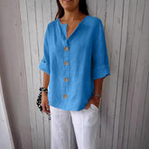 Women’s V-Neck Button T-Shirt – Loose Fit Long Sleeve Casual Top women-tshirt AllTrendMart Blue S