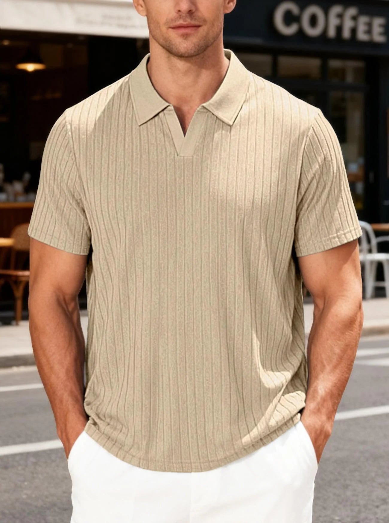Men’s Jacquard Polo T-Shirt – Casual Relaxed Fit Summer Lapel Top men-tshirt AllTrendMart Khaki S