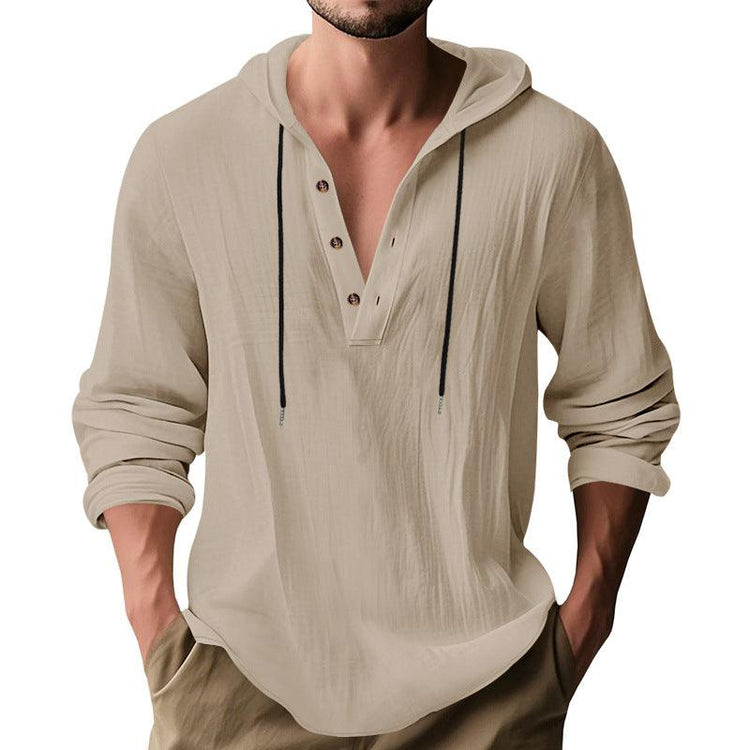 Men’s Hooded Long Sleeve T-Shirt – Lightweight Linen Casual Hoodie men-tshirt AllTrendMart Light Khaki S