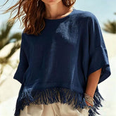 Women’s Tassel Cotton Linen T-Shirt – Loose Fit Batwing Sleeve Casual Top women-tshirt AllTrendMart Navy Blue S