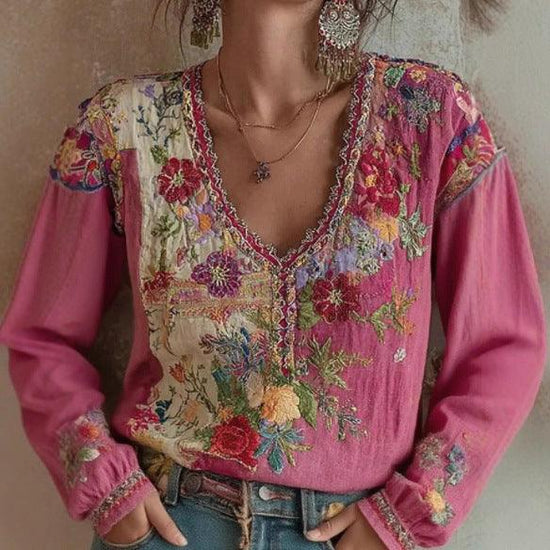 Women’s Cotton Linen Printed T-Shirt – Embroidered Boho 3/4 Sleeve Top women-tshirt AllTrendMart