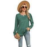 Women’s Pleated Long Sleeve Top – U-Neck Casual Solid Color T-Shirt women-tshirt AllTrendMart Dark Green S