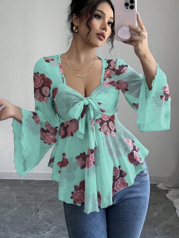 Women’s Floral Lace-Up Square Neck T-Shirt – Long Sleeve Casual Top women-tshirt AllTrendMart Cyan S