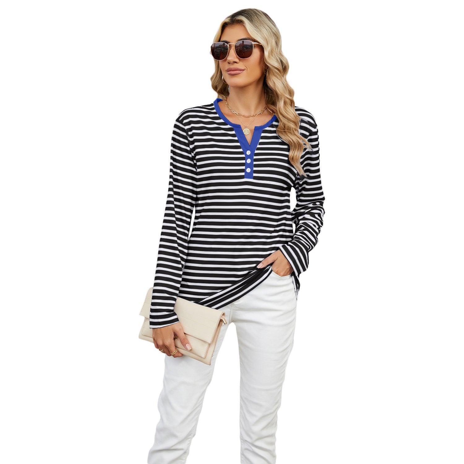 Women’s Striped V-Neck Long Sleeve T-Shirt – Loose Fit Casual Top women-tshirt AllTrendMart White Stripes Black S
