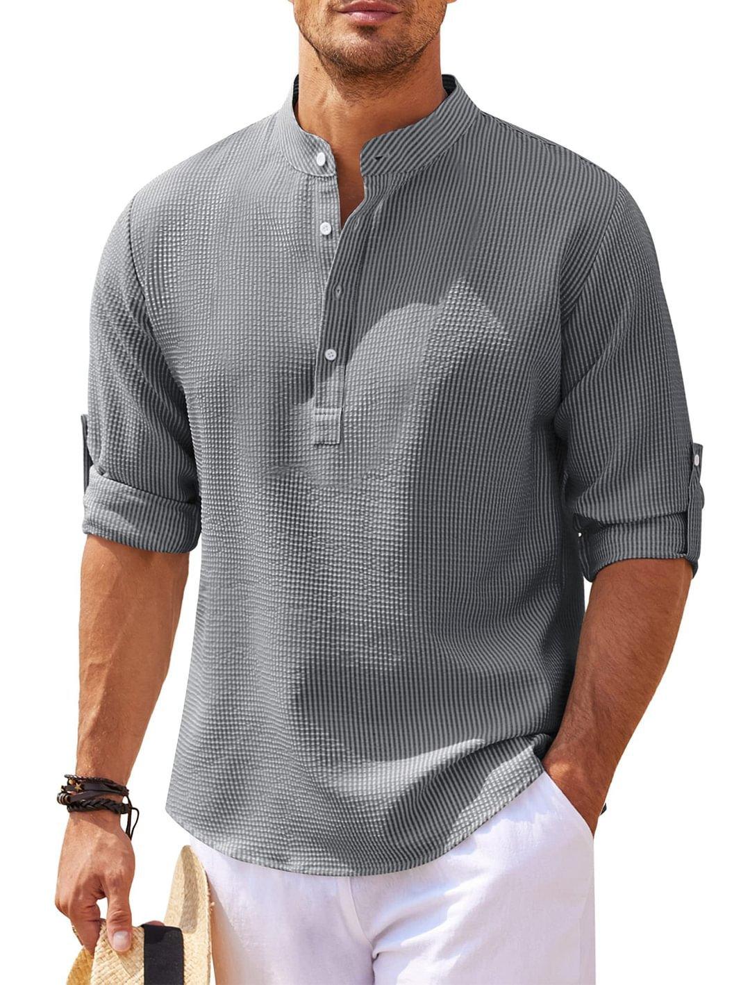 Men’s Stand Collar Long Sleeve Shirt – Casual Loose Fit Solid Color Top men-tshirt AllTrendMart Dark Gray S