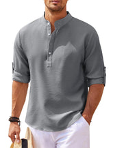 Men’s Stand Collar Long Sleeve Shirt – Casual Loose Fit Solid Color Top men-tshirt AllTrendMart Dark Gray S