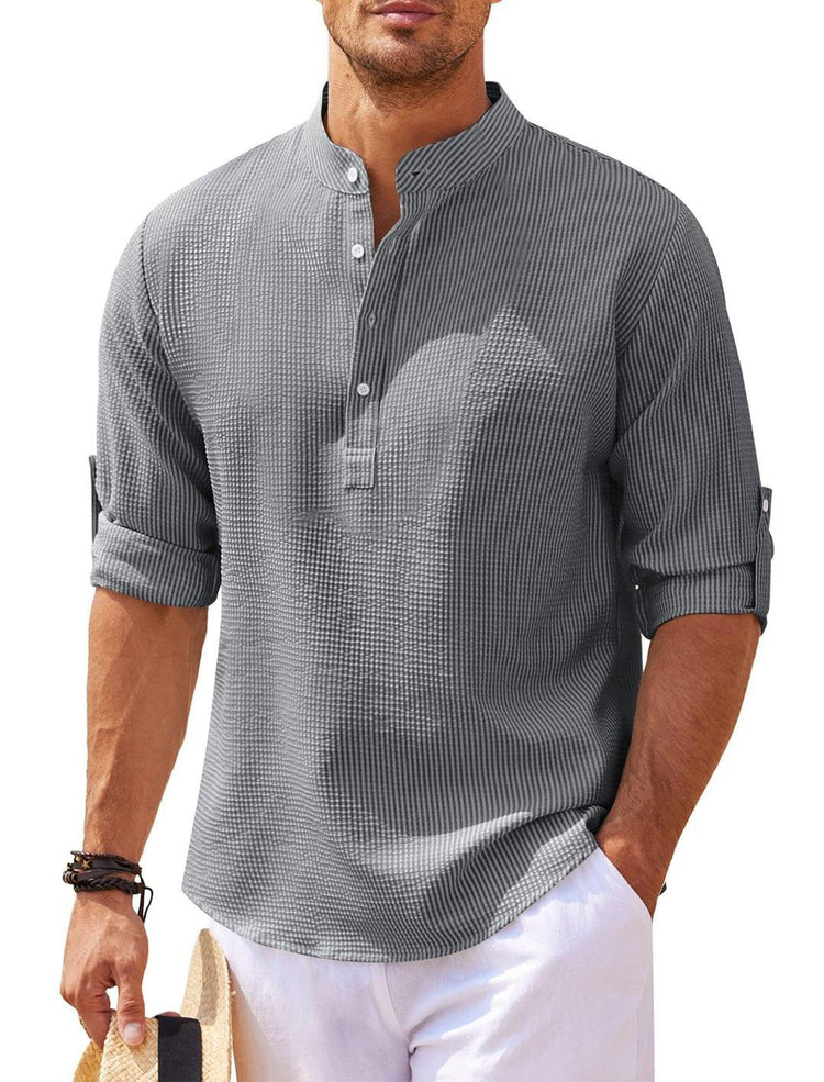 Men’s Stand Collar Long Sleeve Shirt – Casual Loose Fit Solid Color Top men-tshirt AllTrendMart Dark Gray S