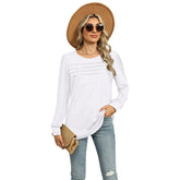 Women’s Pleated Long Sleeve Top – U-Neck Casual Solid Color T-Shirt women-tshirt AllTrendMart White S
