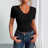 Women’s Lace Trim Slim Fit T-Shirt – Elegant Long Sleeve Casual Top women-tshirt AllTrendMart Black S