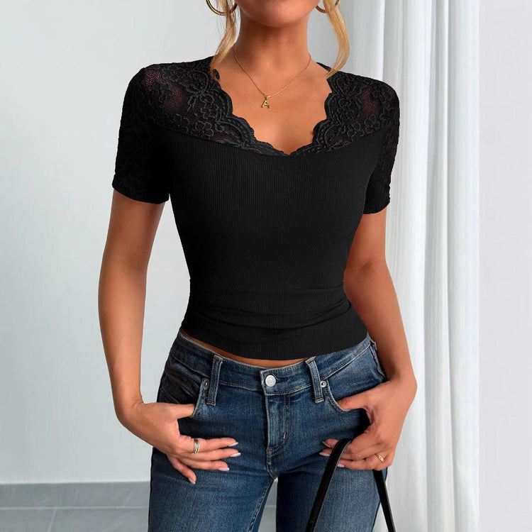 Women’s Lace Trim Slim Fit T-Shirt – Elegant Long Sleeve Casual Top women-tshirt AllTrendMart Black S