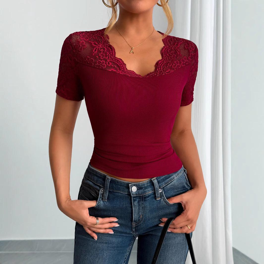 Women’s Lace Trim Slim Fit T-Shirt – Elegant Long Sleeve Casual Top women-tshirt AllTrendMart Wine Red S
