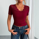 Women’s Lace Trim Slim Fit T-Shirt – Elegant Long Sleeve Casual Top women-tshirt AllTrendMart Wine Red S