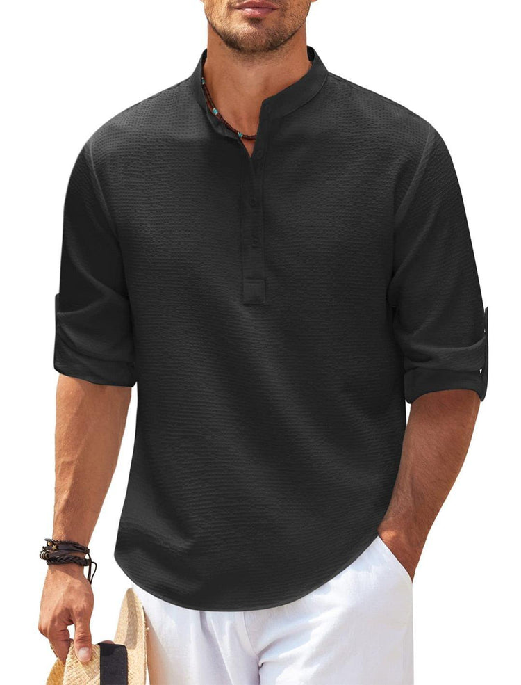 Men’s Stand Collar Long Sleeve Shirt – Casual Loose Fit Solid Color Top men-tshirt AllTrendMart Black S