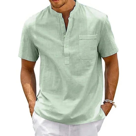 Men’s Cotton Linen Henley Shirt – Short Sleeve Casual Summer Top men-tshirt AllTrendMart