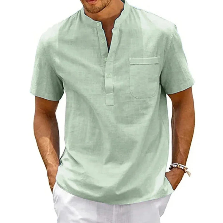 Men’s Cotton Linen Henley Shirt – Short Sleeve Casual Summer Top men-tshirt AllTrendMart