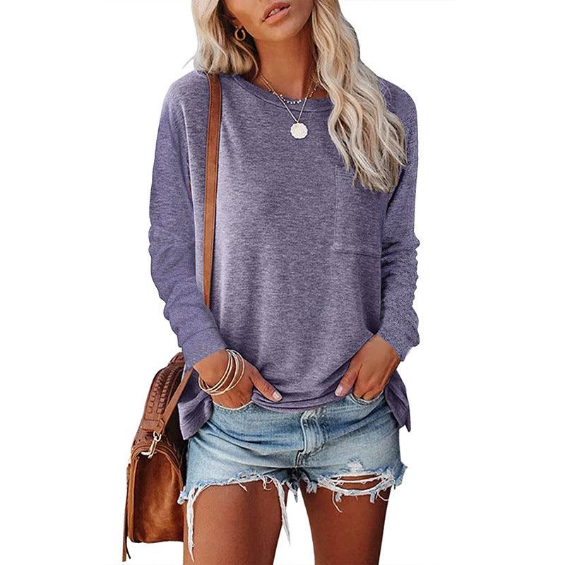 Women’s Long Sleeve Pocket T-Shirt – Cotton Blend Casual Split Hem Top women-tshirt AllTrendMart Purple S