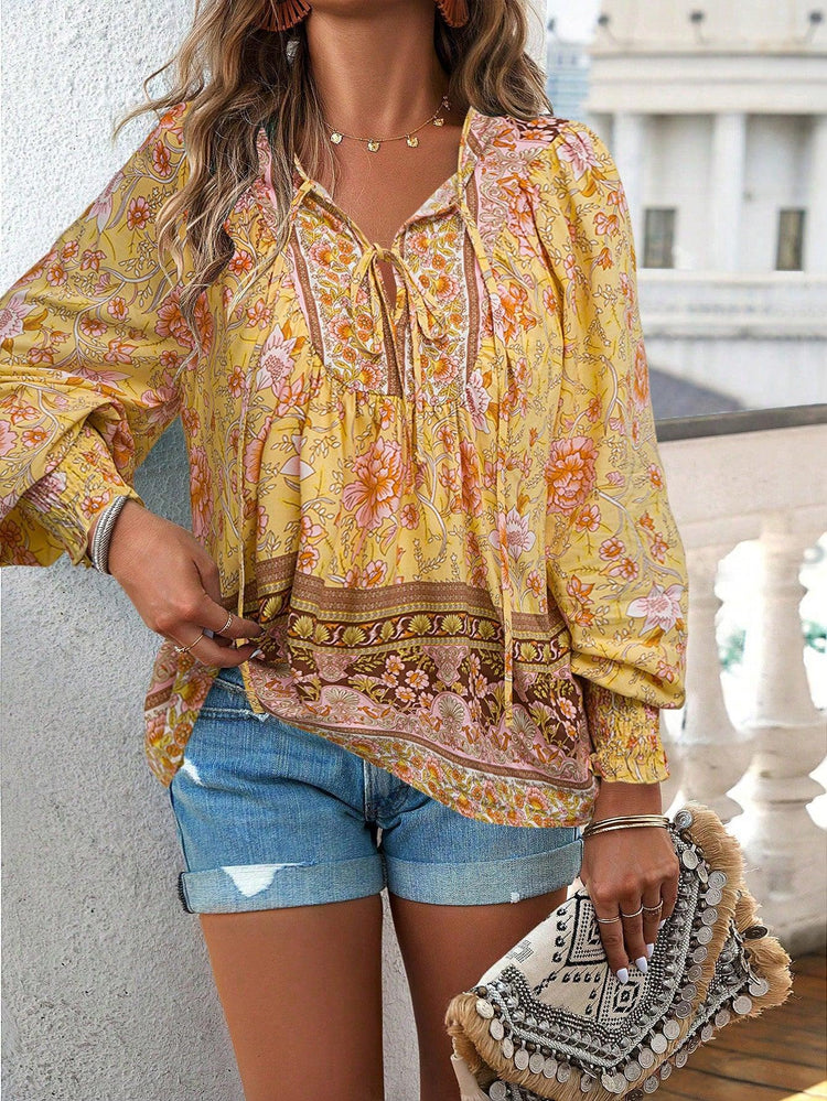 Women’s Printed V-Neck Long Sleeve T-Shirt – Casual Soft Tee women-tshirt AllTrendMart Yellow S