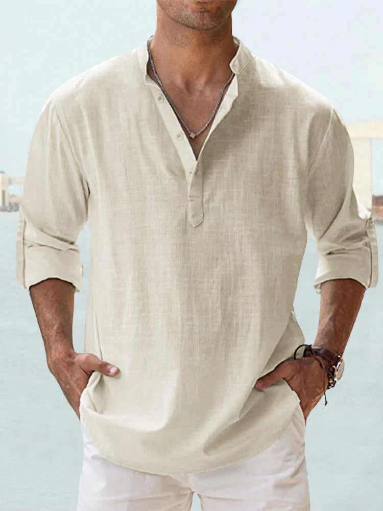 Men’s Cotton Linen Long Sleeve Shirt – Casual Stand Collar Loose Fit Top men-tshirt AllTrendMart