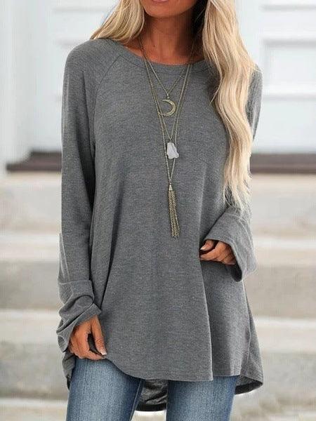 Women’s Loose Long Sleeve T-Shirt – Round Neck Casual Pullover Top women-tshirt AllTrendMart Grey S
