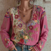 Women’s Cotton Linen Printed T-Shirt – Embroidered Boho 3/4 Sleeve Top women-tshirt AllTrendMart