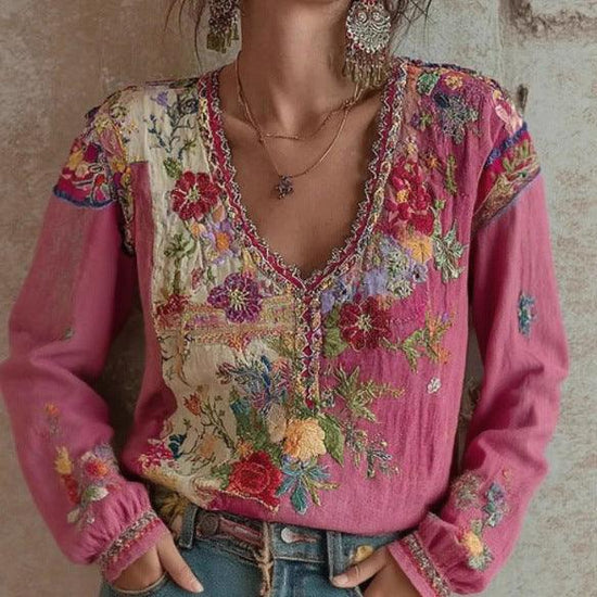 Women’s Cotton Linen Printed T-Shirt – Embroidered Boho 3/4 Sleeve Top women-tshirt AllTrendMart