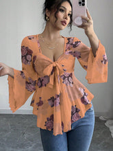 Women’s Floral Lace-Up Square Neck T-Shirt – Long Sleeve Casual Top women-tshirt AllTrendMart Orange S