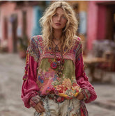 Women’s Cotton Linen Printed T-Shirt – Embroidered Boho 3/4 Sleeve Top women-tshirt AllTrendMart Green Pink S