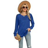 Women’s Pleated Long Sleeve Top – U-Neck Casual Solid Color T-Shirt women-tshirt AllTrendMart Colorful Blue S