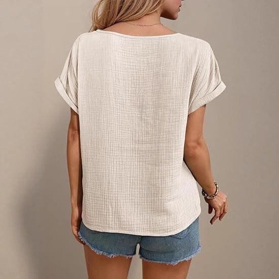 Women’s Hollow-Out Cotton T-Shirt – Casual Embossed Short Sleeve Top women-tshirt AllTrendMart