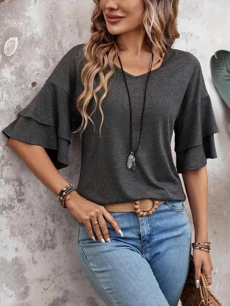 Women’s V-Neck Ruffle Sleeve T-Shirt – Loose Fit Casual Mid Sleeve Top women-tshirt AllTrendMart