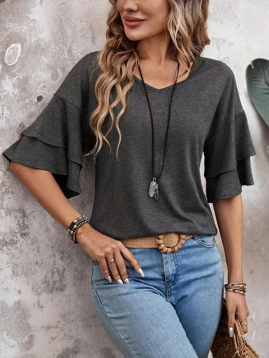 Women’s V-Neck Ruffle Sleeve T-Shirt – Loose Fit Casual Mid Sleeve Top women-tshirt AllTrendMart