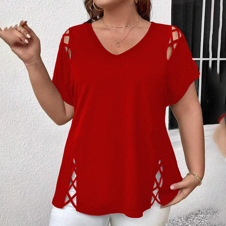 Women’s Plus Size Criss Cross V-Neck T-Shirt – Short Sleeve Casual Top women-tshirt AllTrendMart